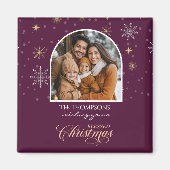 冬の雪モダン片の写真バーガンディのクリスマス マグネット (正面)