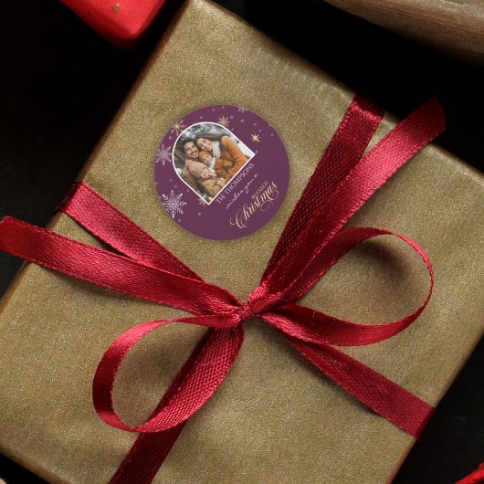 冬の雪モダン片の写真バーガンディのクリスマス ラウンドシール