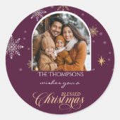 冬の雪モダン片の写真バーガンディのクリスマス ラウンドシール (正面)