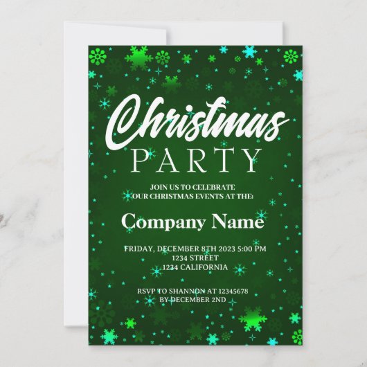 冬の雪モダン片の緑の白いクリスマス 招待状 (正面)