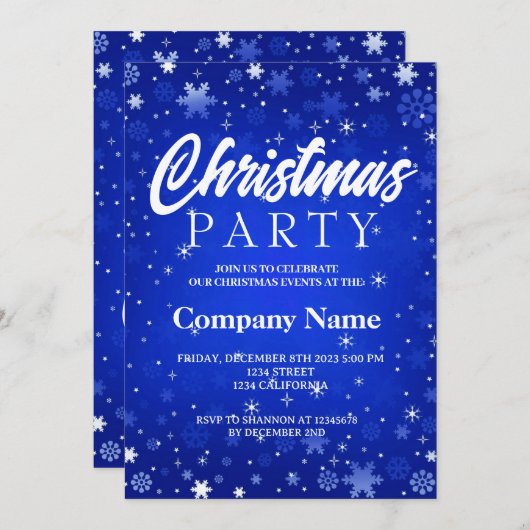 冬の雪モダン片の青い白いクリスマスパーティー 招待状 (正面/裏面)