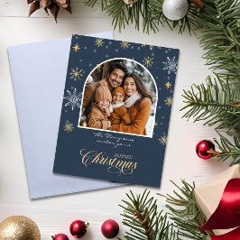 冬の雪モダン片フォトネイビーブルークリスマス カード