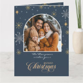 冬の雪モダン片フォトネイビーブルークリスマス カード (正面)