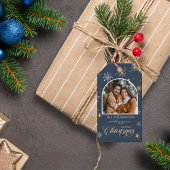 冬の雪モダン片フォトネイビーブルークリスマス ギフトタグ