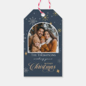 冬の雪モダン片フォトネイビーブルークリスマス ギフトタグ (正面)