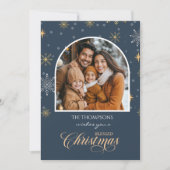 冬の雪モダン片フォトネイビーブルークリスマス シーズンカード (正面)