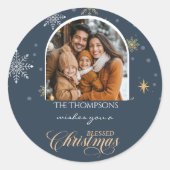 冬の雪モダン結晶フォトネイビーのクリスマス ラウンドシール (正面)