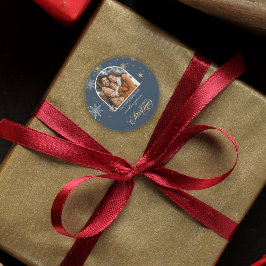 冬の雪モダン結晶フォトネイビーのクリスマス ラウンドシール