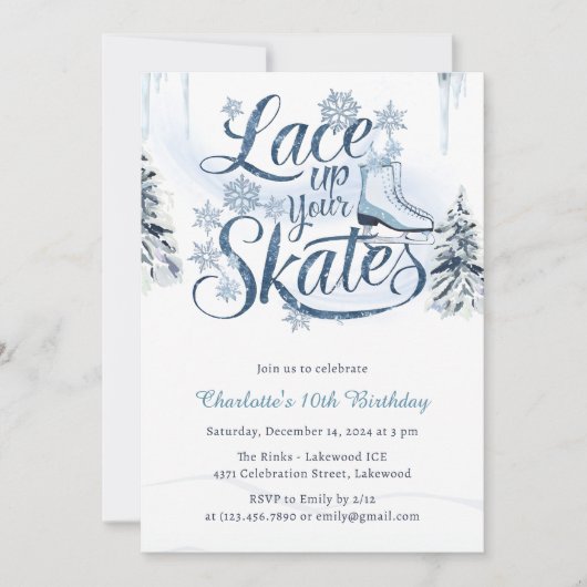 冬の雪レースアップザースアイススケート誕生日 招待状 (正面)