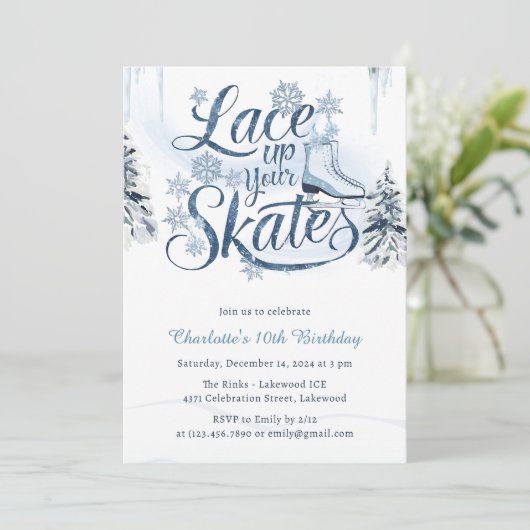 冬の雪レースアップザースアイススケート誕生日 招待状 (スタンド正面)