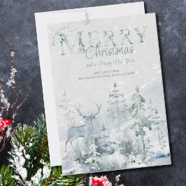 冬の雪原の森とシカのメリークリスマス シーズンカード