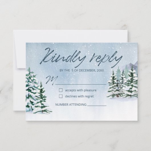 冬の雪山の森結婚の 出欠カード (正面)
