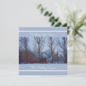 冬の雪景色のホリデーシーズンに赤い納屋 シーズンカード (スタンド正面)