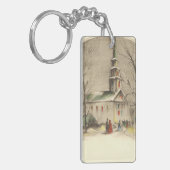 冬の雪景色の教会 キーホルダー (正面左)