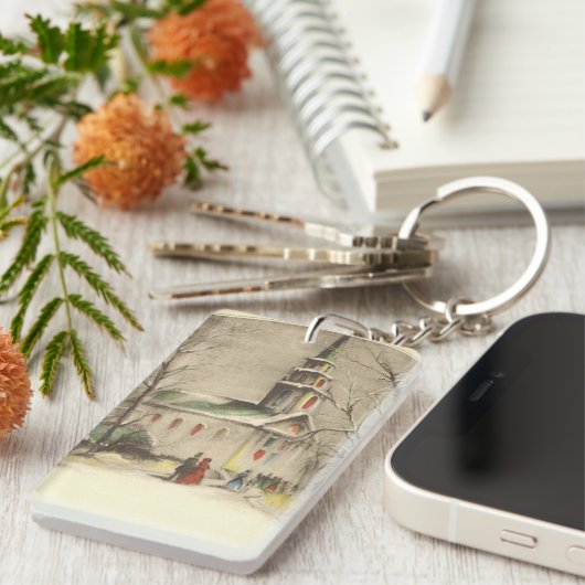 冬の雪景色の教会 キーホルダー (正面右)