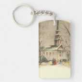 冬の雪景色の教会 キーホルダー (正面)