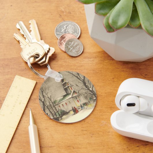 冬の雪景色の教会 キーホルダー (デスク)