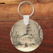 冬の雪景色の教会 キーホルダー (正面)