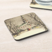 冬の雪景色の教会 コースター (左側)