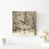 冬の雪景色の教会 スクエア壁時計 (ホーム)
