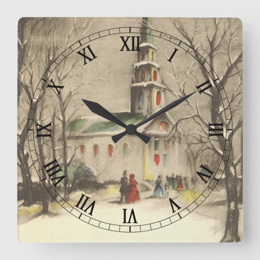冬の雪景色の教会 スクエア壁時計 (正面)