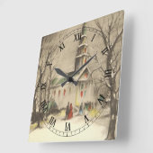 冬の雪景色の教会 スクエア壁時計 (傾斜)