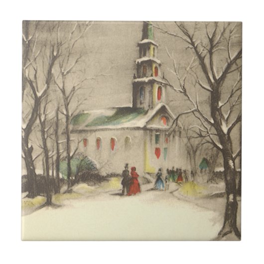 冬の雪景色の教会 タイル (正面)