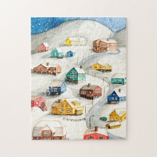 冬の雪景色の村の絵 ジグソーパズル (縦)