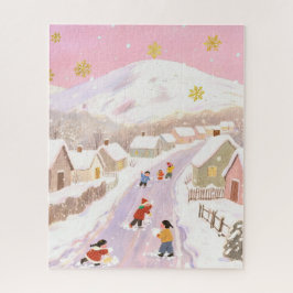 冬の雪景色の村、子供たちが遊ぶ、ピンクの色合い ジグソーパズル