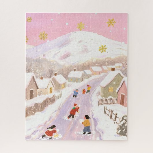 冬の雪景色の村、子供たちが遊ぶ、ピンクの色合い ジグソーパズル (縦)