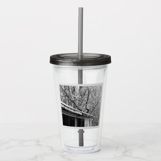 冬の雪景色の白素朴色と黒の写真 アクリルタンブラー (正面)