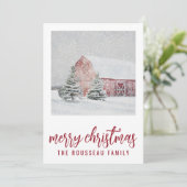 冬の雪景色の赤い納屋のクリスマスカード シーズンカード (スタンド正面)
