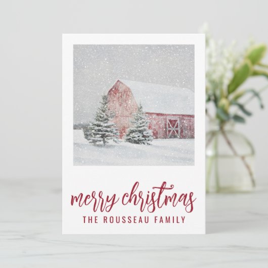 冬の雪景色の赤い納屋のクリスマスカード シーズンカード (スタンド正面)