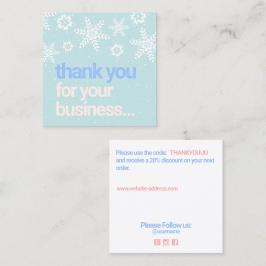 冬の雪片ありがとうお客様の割引 スクエア名刺 (正面/裏面)