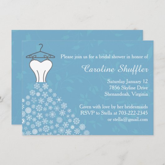 冬の雪片のウェディングドレスのブライダルシャワー エンクロージャーカード (正面/裏面)