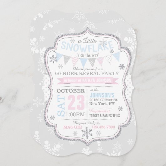 冬の雪片のグリッターの性は明らかにします 招待状 (正面/裏面)