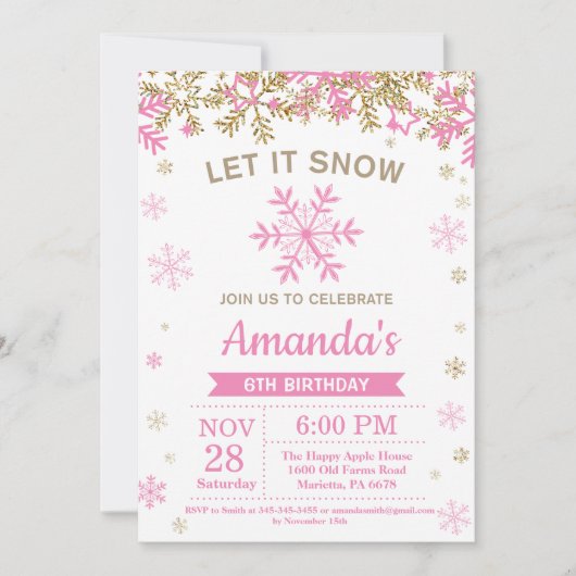冬の雪片のピンクおよび金ゴールドの女の子の誕生日 招待状 (正面)