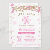 冬の雪片のピンクおよび金ゴールドの女の子の誕生日 招待状 (正面/裏面)