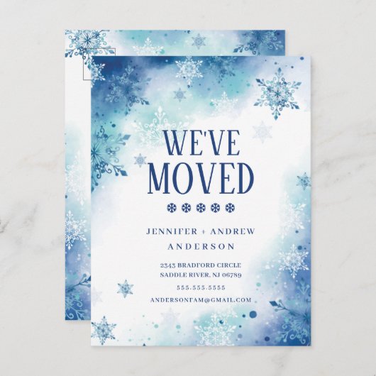 冬の雪片の動くアナウンス ポストカード (正面/裏面)