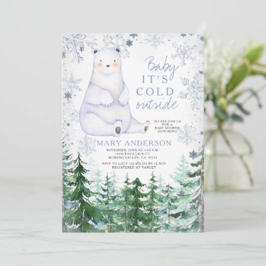 冬の雪片の森の動物の赤ちゃんシャワー 招待状 (スタンド正面)