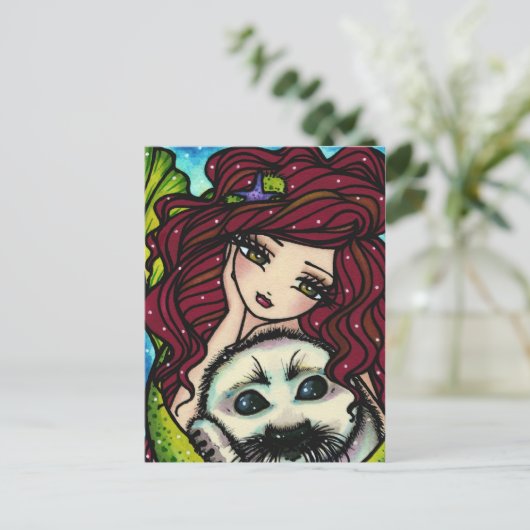 冬の雪片の白いシールの人魚の芸術のファンタジー ポストカード (スタンド正面)