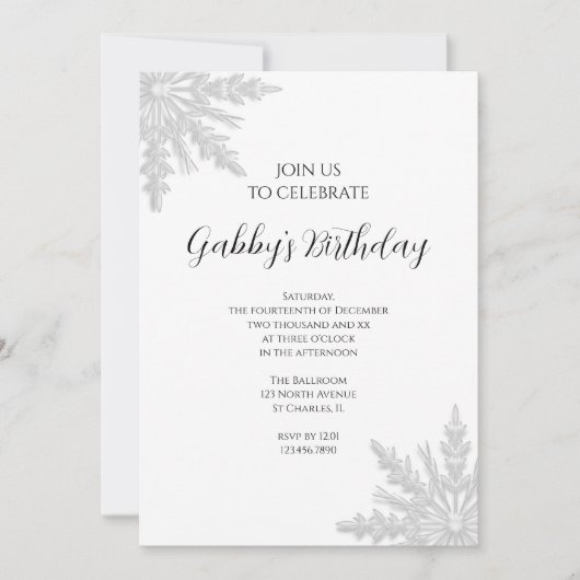 冬の雪片の誕生日パーティー 招待状 (正面)