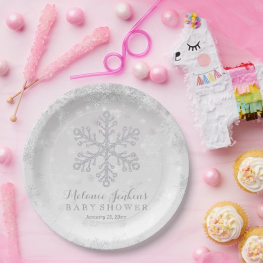 冬の雪片の銀のベビーシャワーの紙皿 ペーパープレート (パーティー)