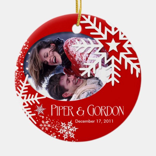 冬の雪片の(赤い)写真のオーナメント セラミックオーナメント (正面)