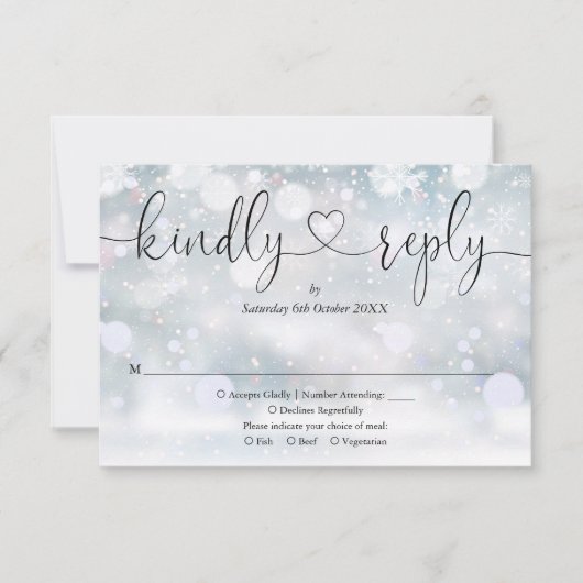 冬の雪片スクリプトハート親切に返信 出欠カード (正面)