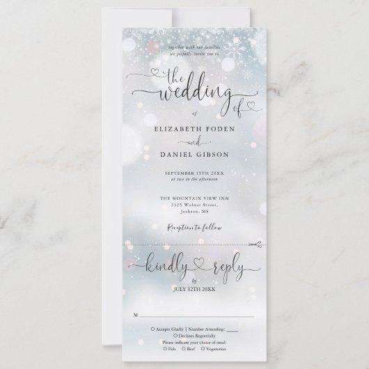 冬の雪片ハートの台本結婚を 招待状 (正面)