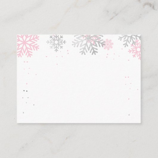 冬の雪片ピンクと銀本のベビー エンクロージャーカード (裏面)