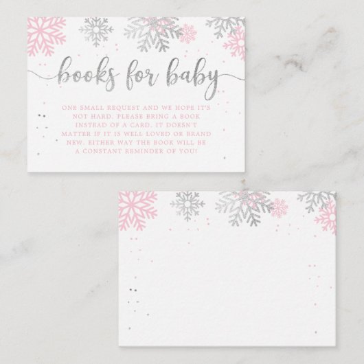 冬の雪片ピンクと銀本のベビー エンクロージャーカード (正面/裏面)