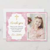 冬の雪片ピンクの女の子ファーストコミューニオンフォト サンキューカード (正面)