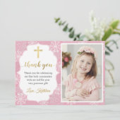 冬の雪片ピンクの女の子ファーストコミューニオンフォト サンキューカード (スタンド正面)